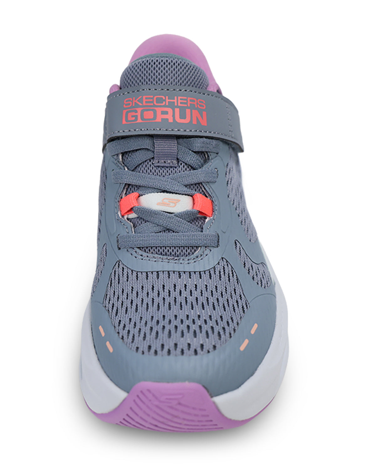 A Skechers GoRun athletic sneaker in gray with purple and orange accents and a white midsole, shown from a front-facing angle on a white background.