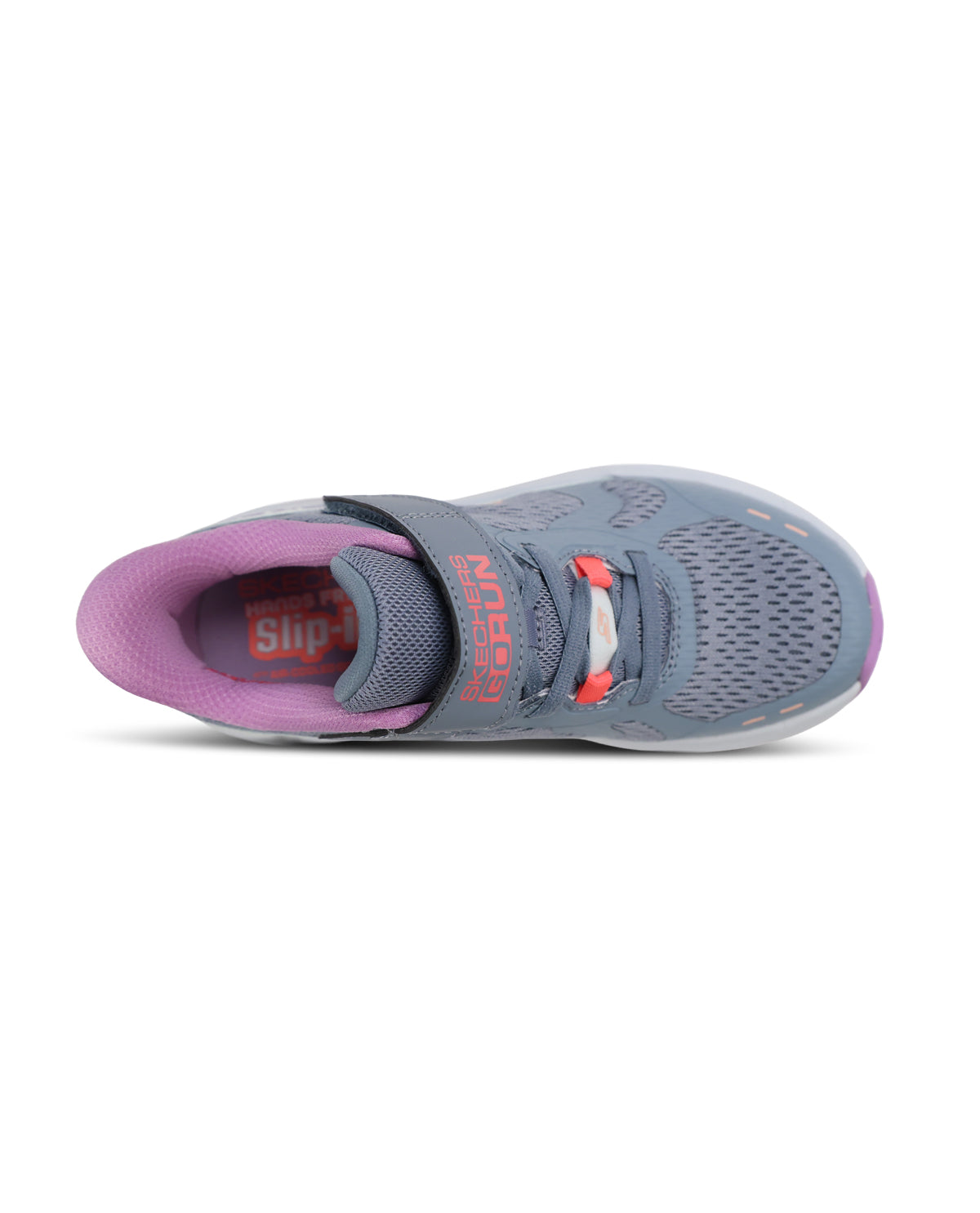 A single sneaker shown from a top-down view on a white background. The shoe features a slate blue-gray mesh upper, a gray hook-and-loop strap, a purple interior lining, and bright orange-red accents on the laces.