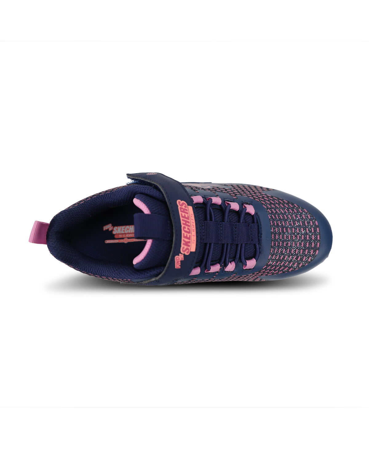 A Skechers sneaker in navy blue and pink, featuring a mesh upper, hook-and-loop strap closure, and a chunky white sole.