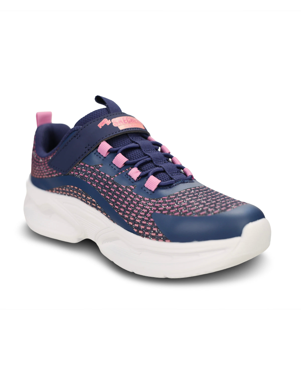 A Skechers sneaker in navy blue and pink, featuring a mesh upper, hook-and-loop strap closure, and a chunky white sole.