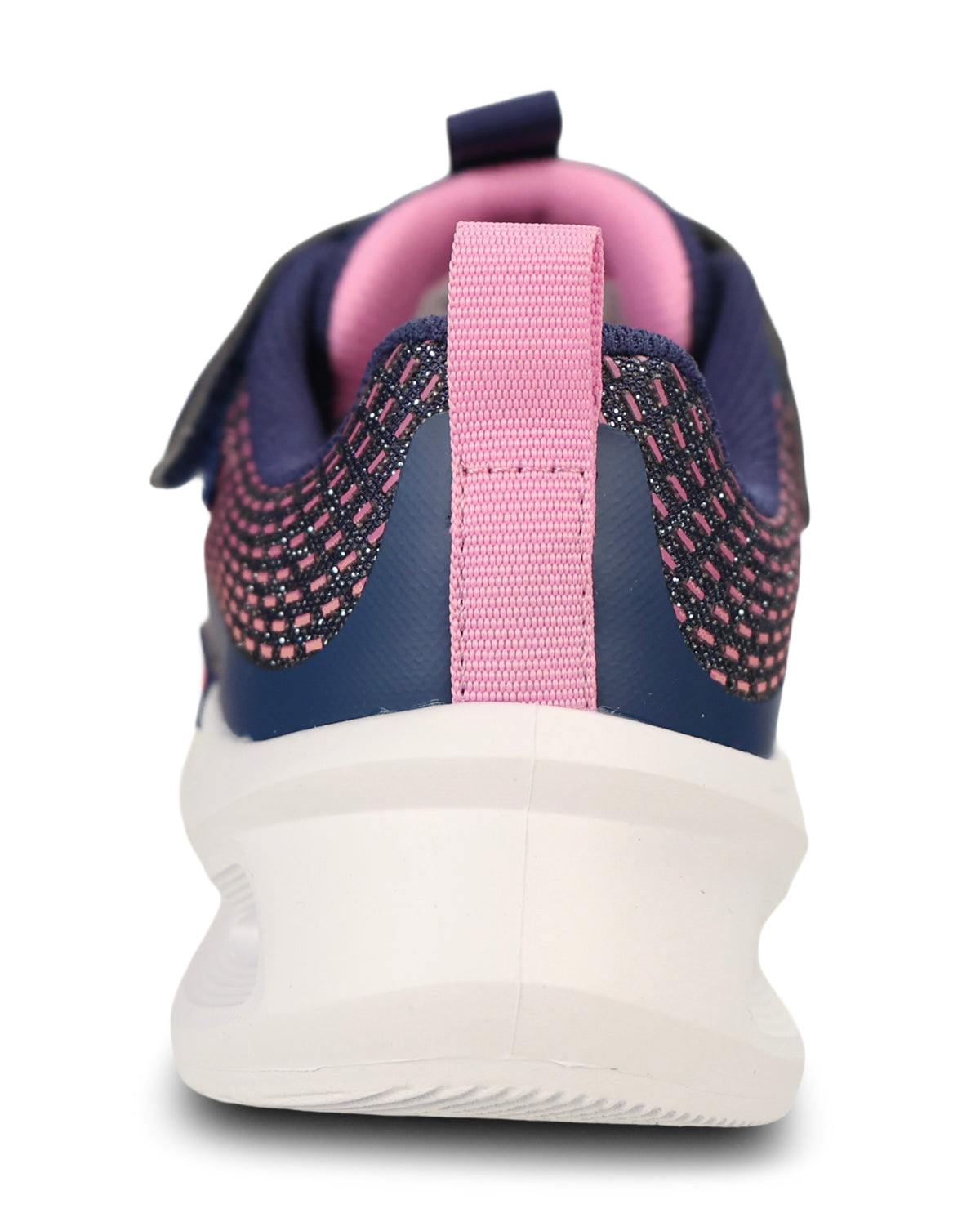 A close-up rear view of a sneaker featuring a navy blue upper with pink and black textured knit details, a pink heel pull tab, and a thick white sole.