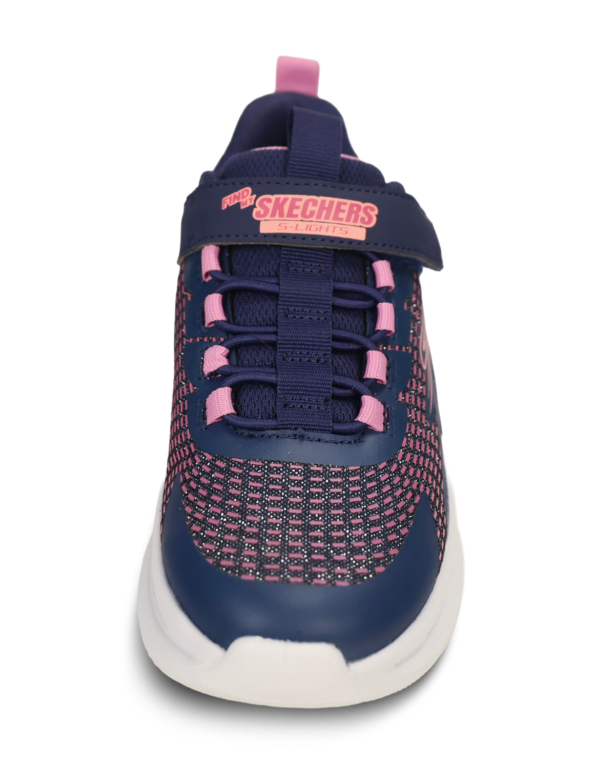 A Skechers kids' sneaker in navy blue and pink, featuring a knit upper, hook-and-loop strap closure, and a white sole, shown against a plain white background.
