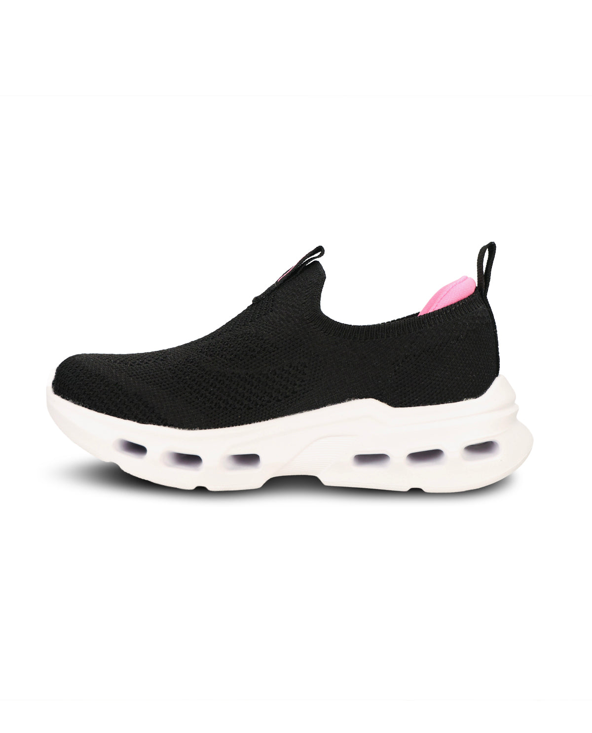 A black slip-on knit sneaker with a thick white cushioned sole and a small pink interior lining, shown from a side profile on a white background.