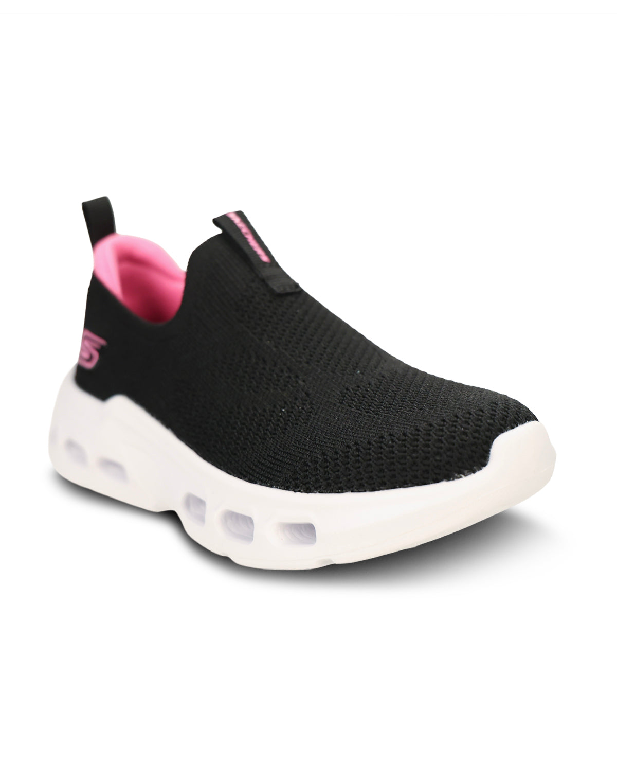 A black slip-on mesh sneaker with a thick white sole and pink lining details, shown from a three-quarters angle on a white background.