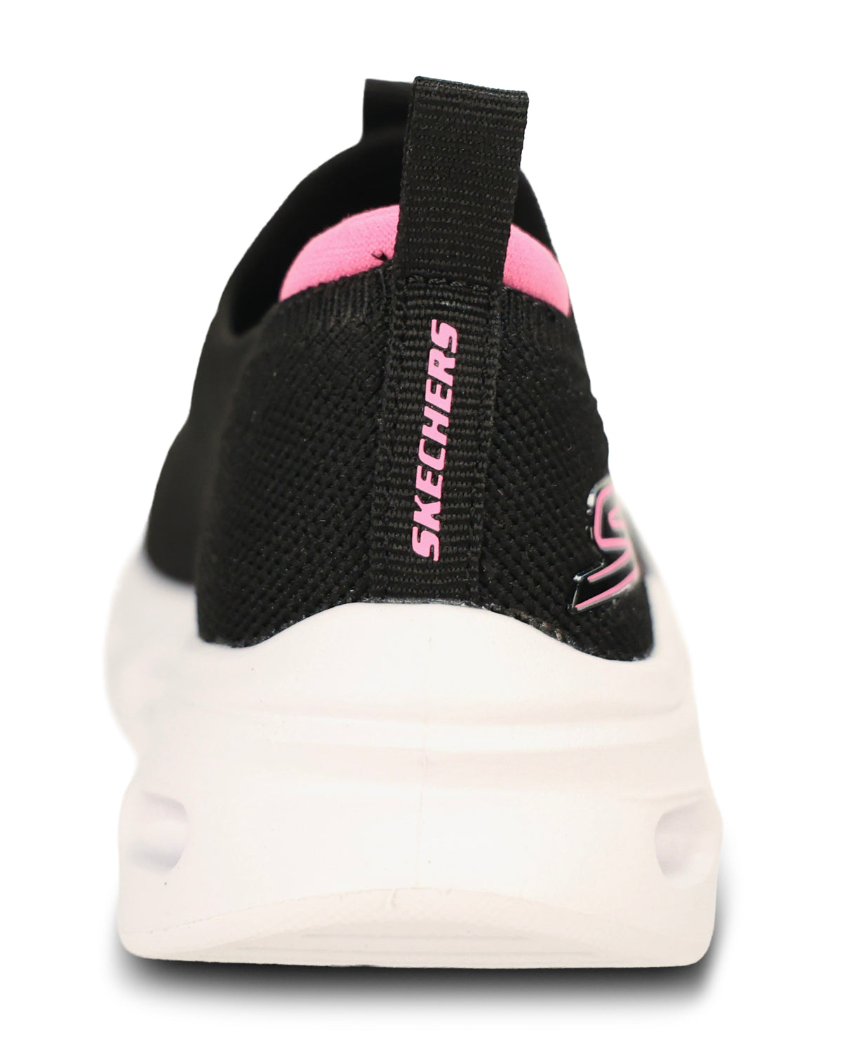A close-up rear view of a Skechers slip-on sneaker in black with pink accents and a thick white sole, shown on a white background.