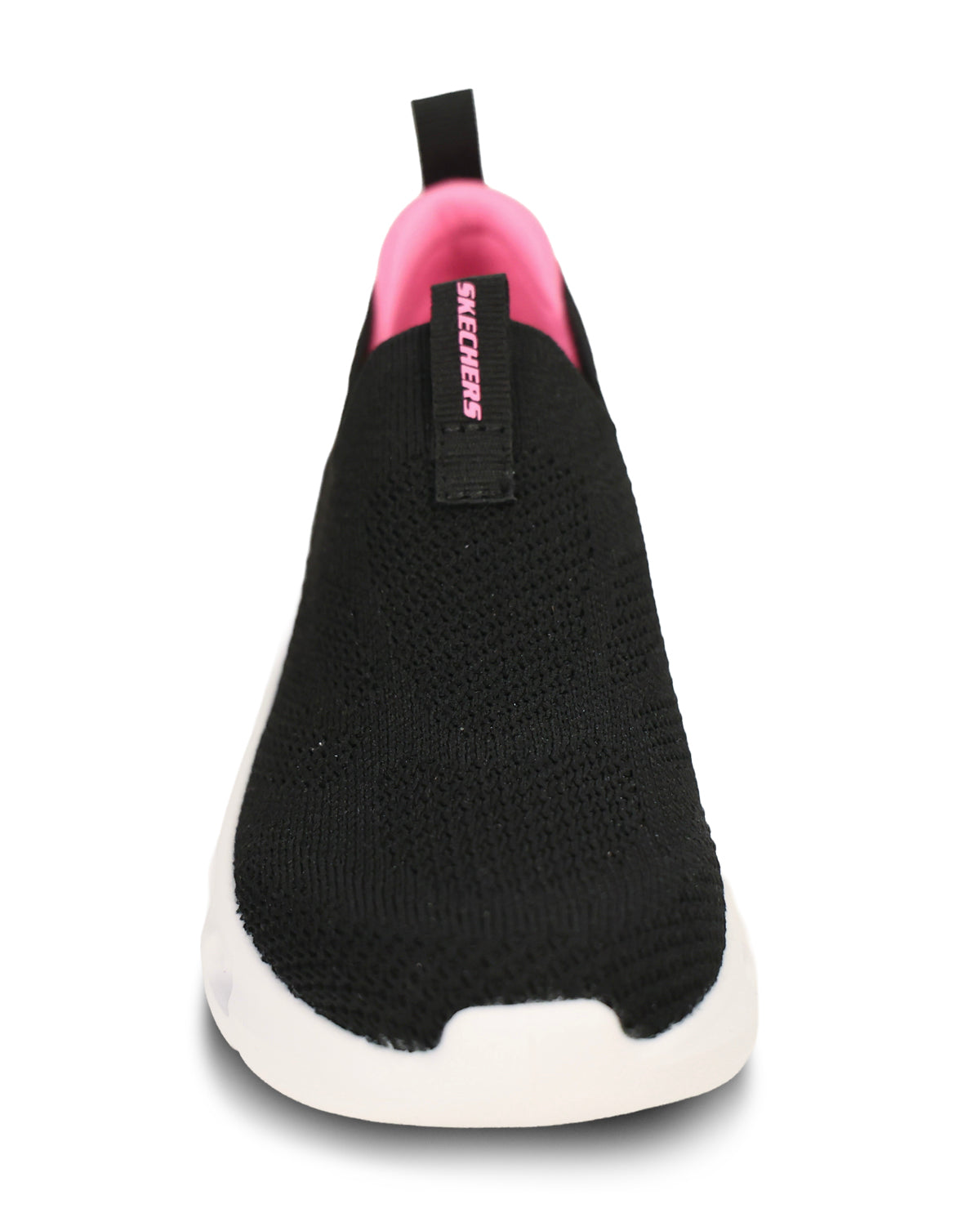 A Skechers slip-on sneaker in black knit with a bright pink collar lining and a white sole, shown from a front-facing perspective on a white background.