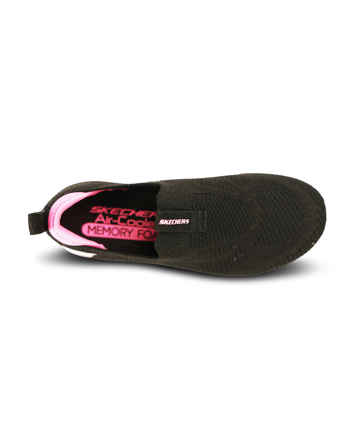 A black Skechers Air-Lock slip-on shoe shown from a side profile view against a white background, featuring pink and white branding details.