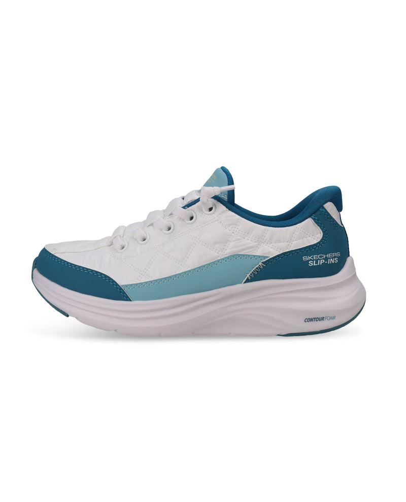 A Skechers Slip-On sneaker in white and teal blue, shown from a side profile view against a plain white background.
