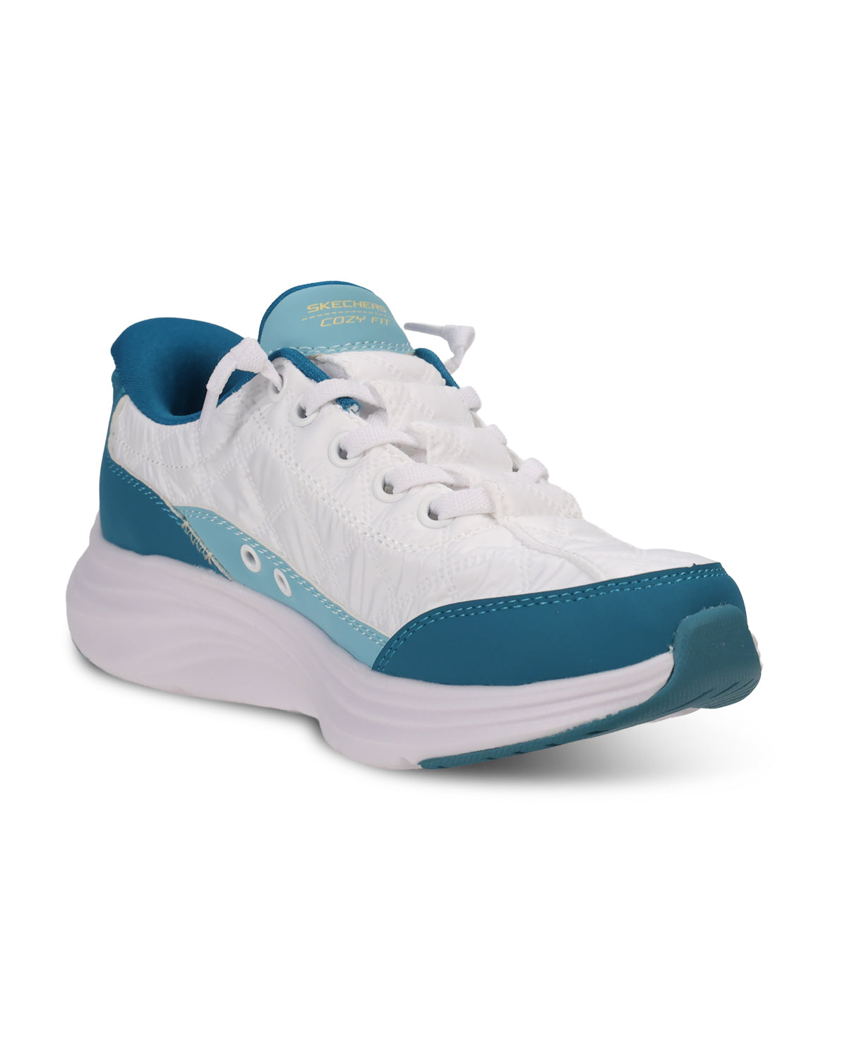 A white athletic sneaker with teal blue accents on the heel, toe cap, and midsole, shown from a three-quarters angle on a white background.
