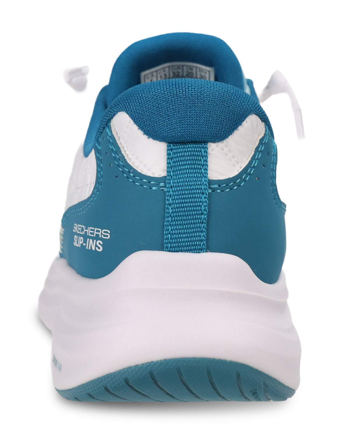 A Skechers slip-on sneaker shown from the back, featuring teal blue and white panels with a thick white midsole and teal outsole.