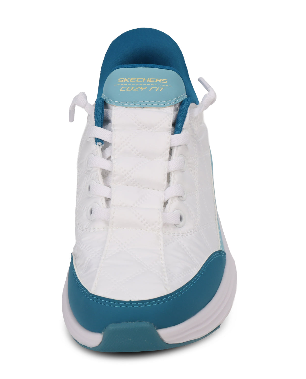 A Skechers Cozy Fit athletic sneaker shown from the front on a white background. The shoe features a white textured upper, white laces, a teal blue heel counter, and a teal blue tongue label with gold text.