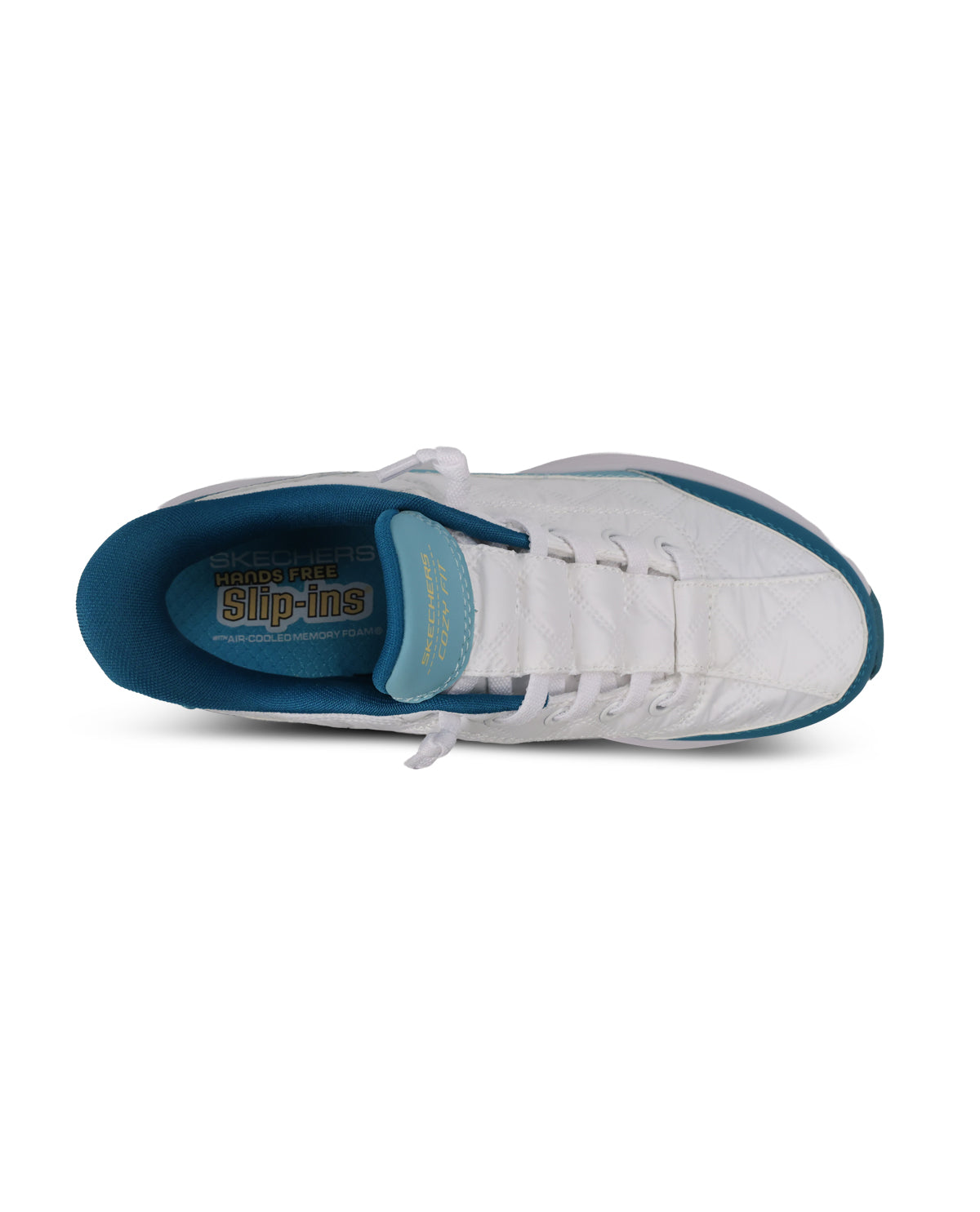 A white slip-on sneaker with a blue interior and blue accents, shown from a top-down view on a white background.