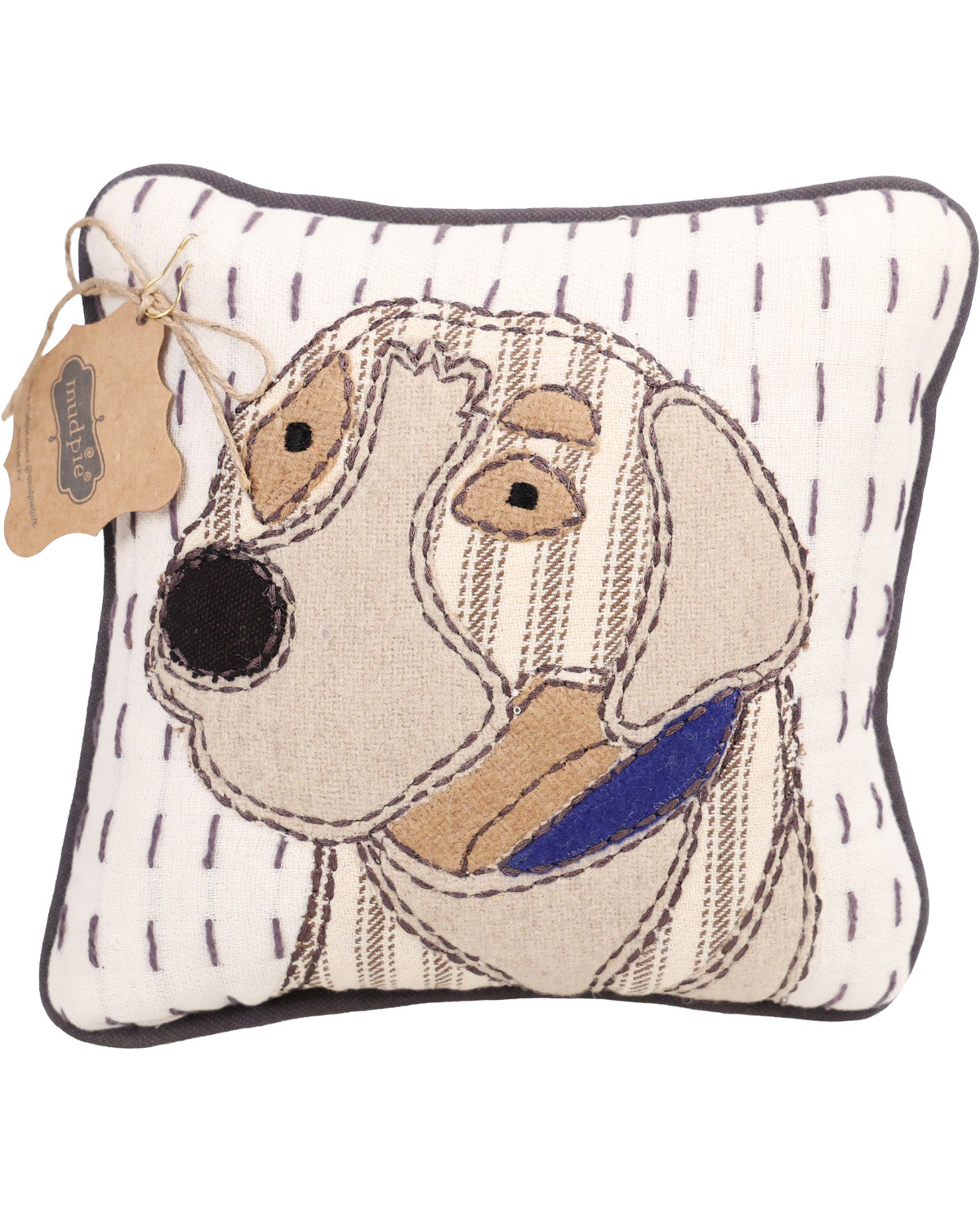 Decorative pillow with a dog face design on a white background