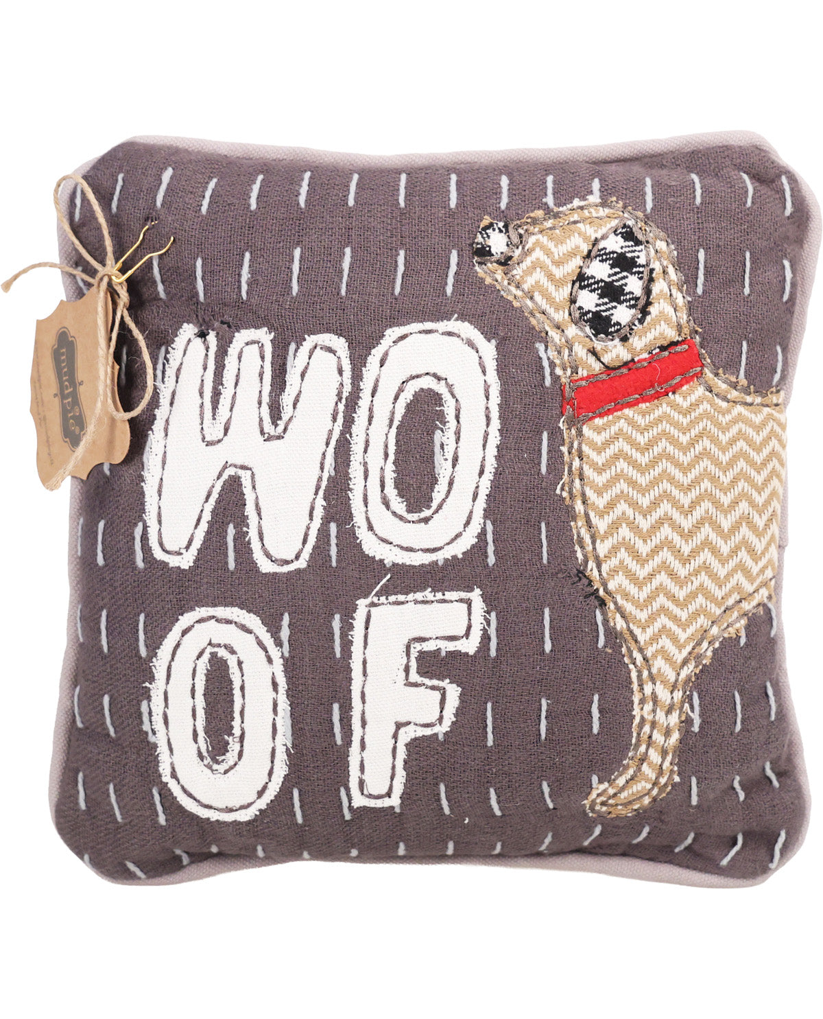 Decorative pillow with a dog illustration and 'WOOF' text on a gray background