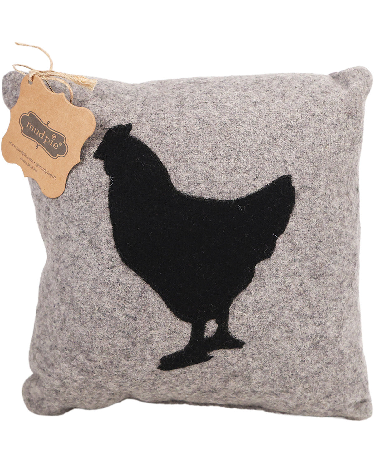 Gray pillow with black chicken silhouette and Muddy Paws tag