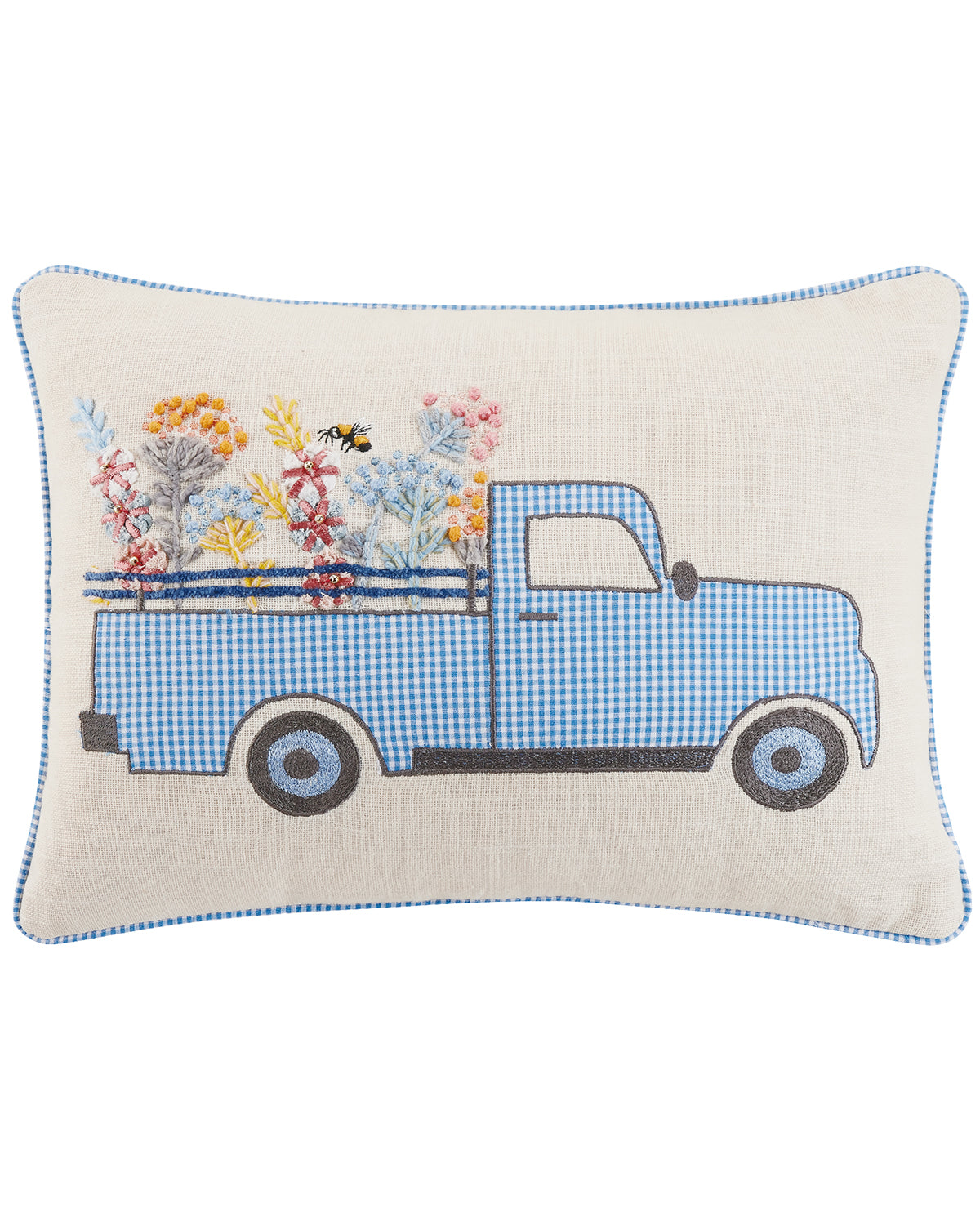 Gingham Truck Embroidered Pillow