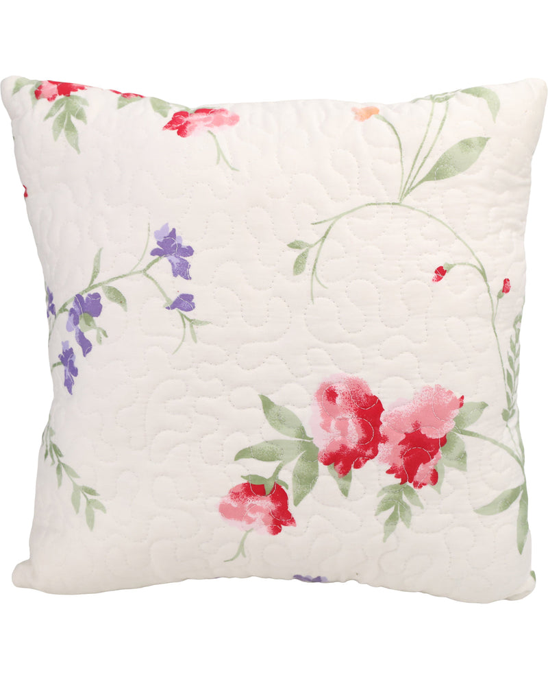 Floral-patterned pillow with pink and purple flowers on a white background
