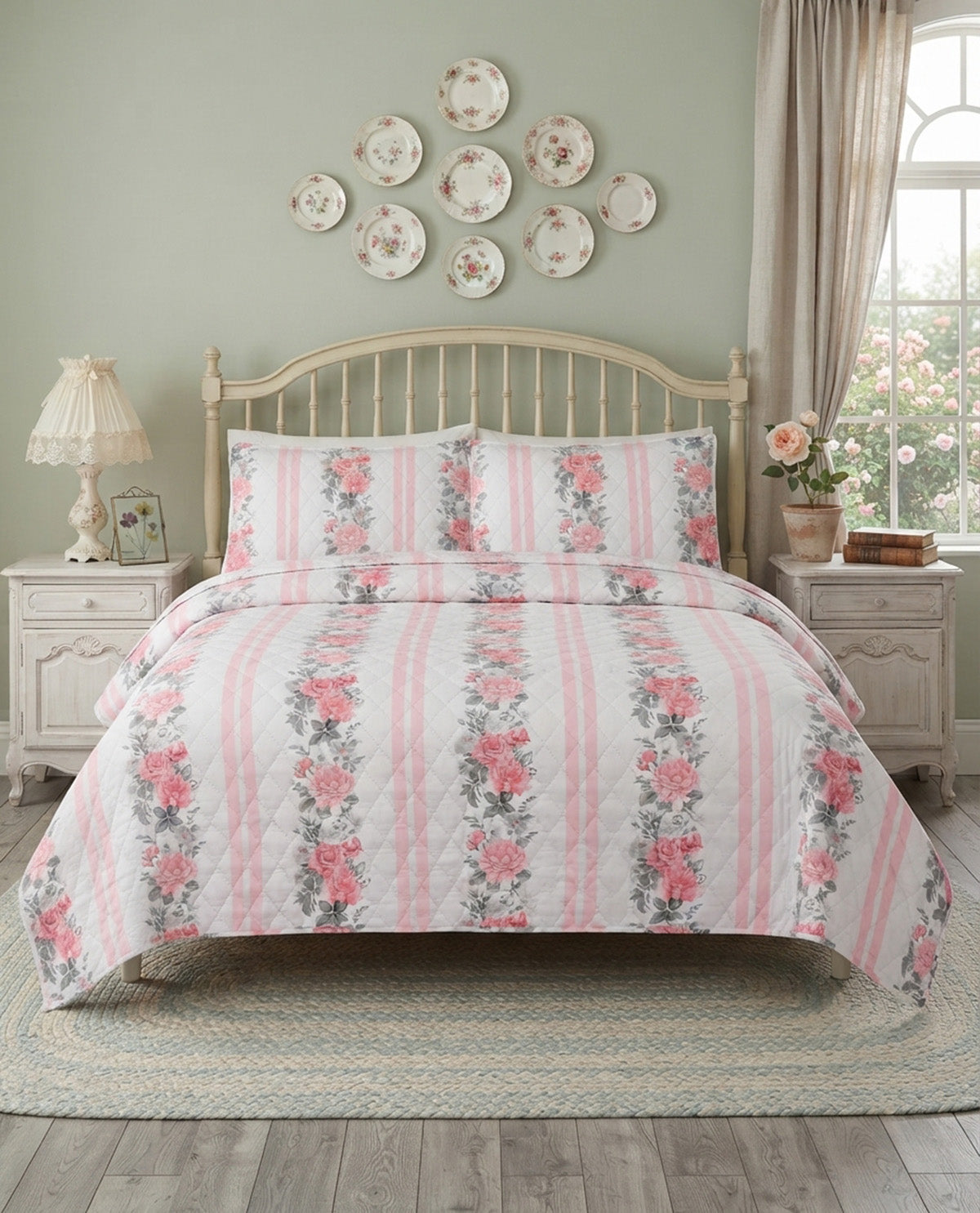 King Pink Stripe Floral 3 Piece Quilt Set