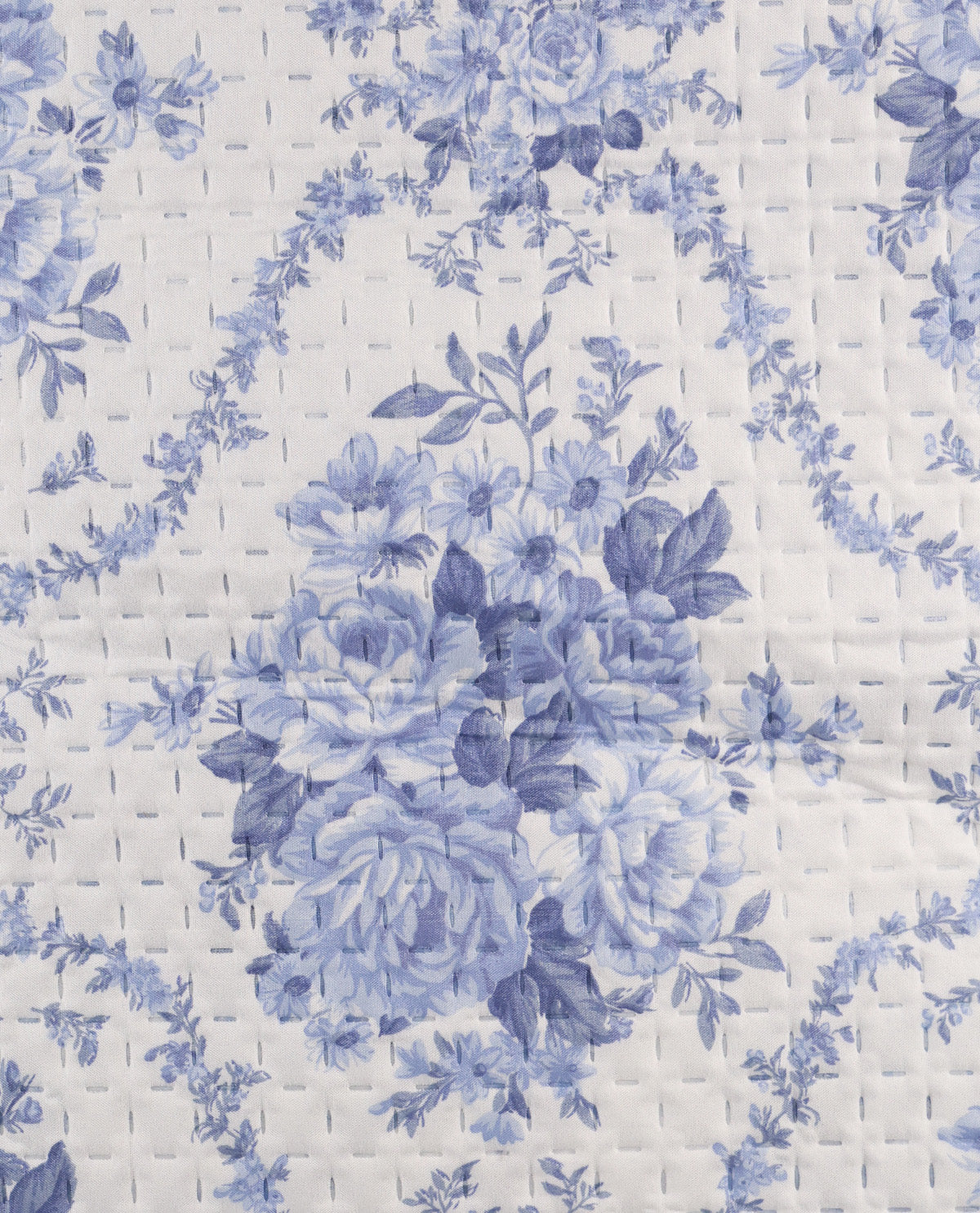 A close-up of a quilted fabric featuring a classic blue floral toile pattern on a white background.