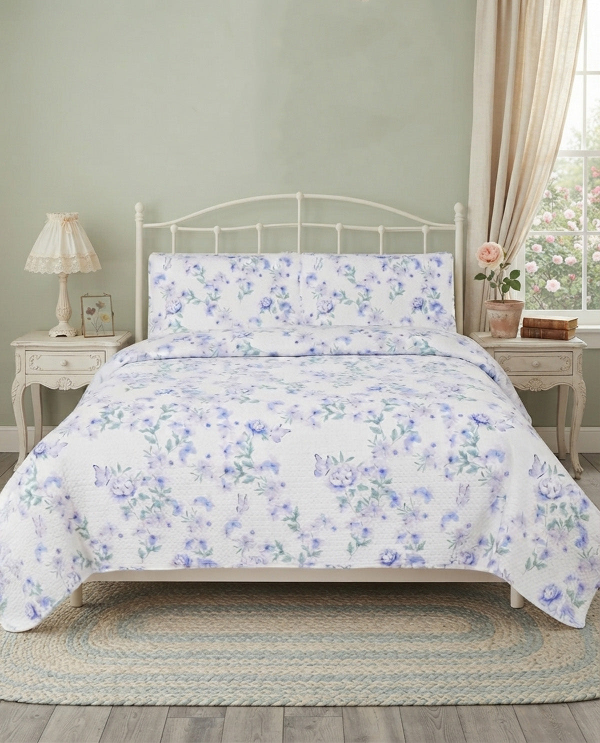 King Melanie Floral Blue 3 Piece Quilt