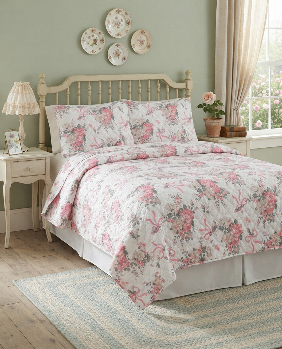 Queen Charlotte Pink Floral 3 Piece Quilt Set
