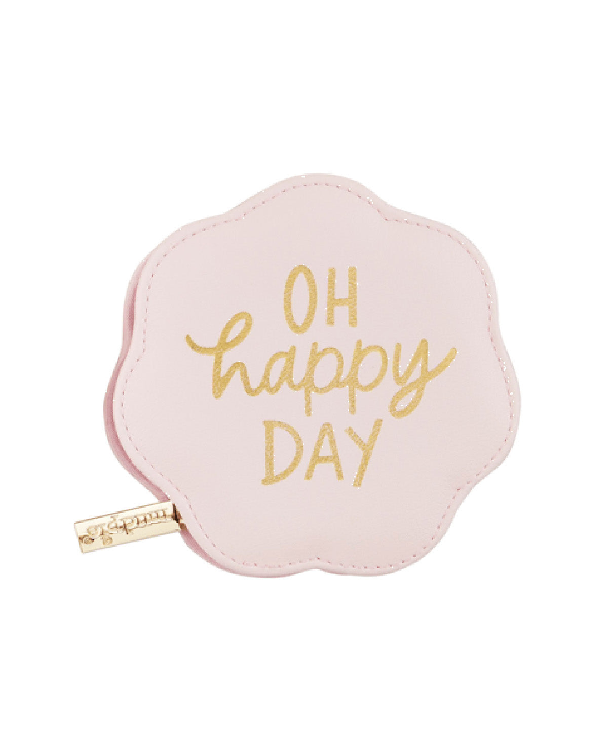 A small, scalloped-edge coin purse in light pink faux leather with 'OH happy DAY' printed in gold foil lettering, featuring a gold zipper pull with the brand name 'Sapna'.