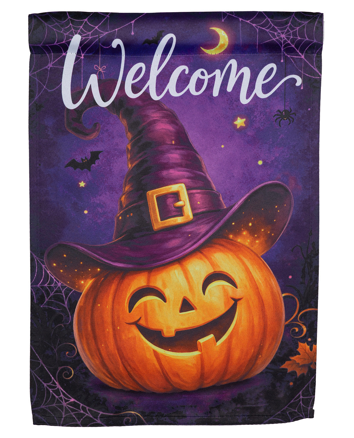 A vertical Halloween garden flag featuring a smiling orange jack-o'-lantern wearing a purple witch hat with a gold buckle, set against a purple night sky with a crescent moon, bats, spiders, and the word 'Welcome' in white script at the top.