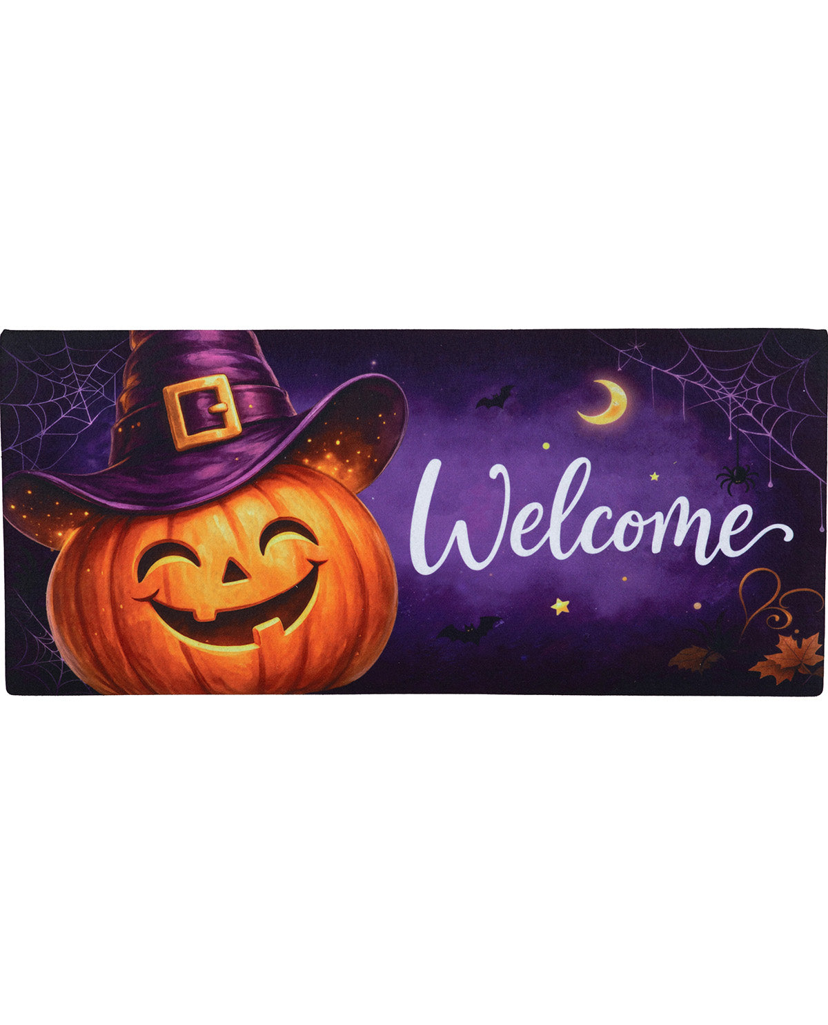 A rectangular Halloween-themed decorative sign or mat with a carved orange pumpkin wearing a purple witch hat on the left, a purple night sky background with spiderwebs, bats, a crescent moon, stars, and the word 'Welcome' in white script on the right.
