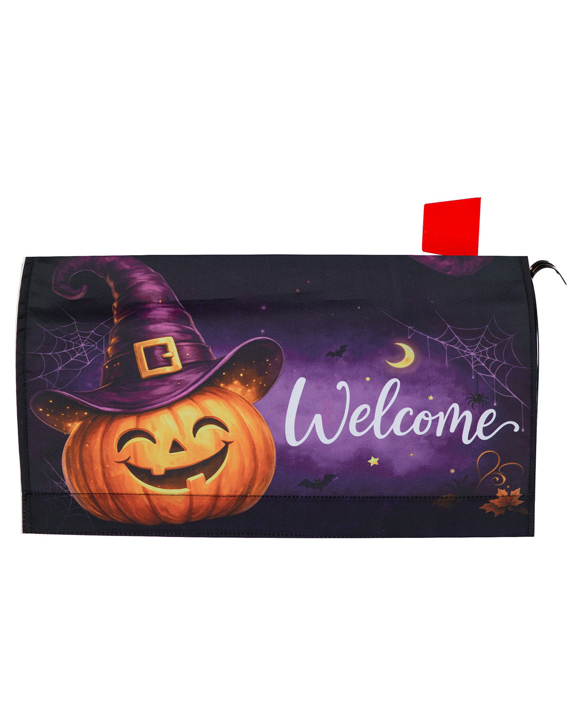 A black mailbox cover featuring a Halloween design with a smiling orange jack-o'-lantern wearing a purple witch hat, spiderwebs, bats, a crescent moon, and the word 'Welcome' in white script on a purple background.