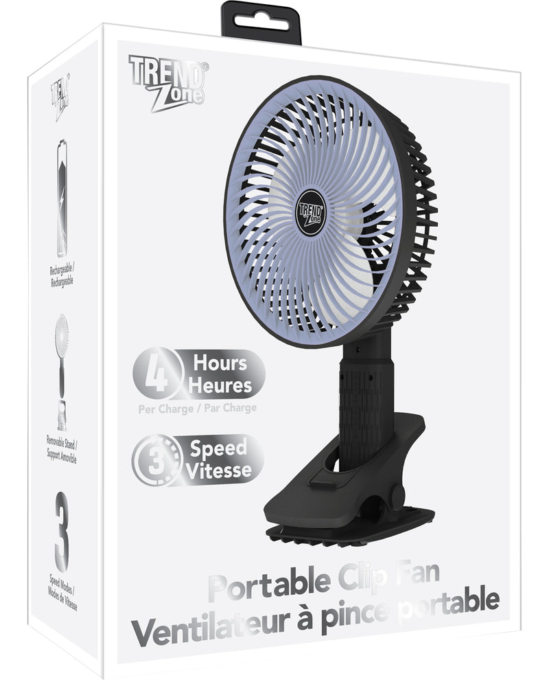 Portable clip fan in packaging with branding and specifications.