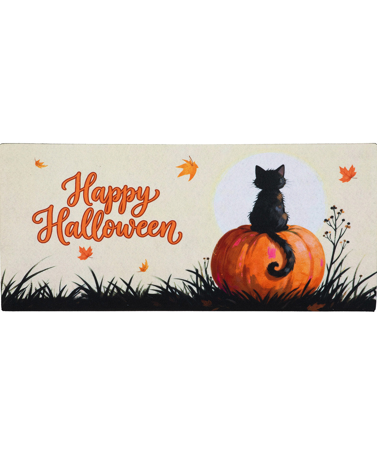 A rectangular Halloween-themed decorative sign or print with the words 'Happy Halloween' in orange script, a black cat sitting on an orange pumpkin, black grass at the bottom, and small orange leaves scattered on a light beige background.