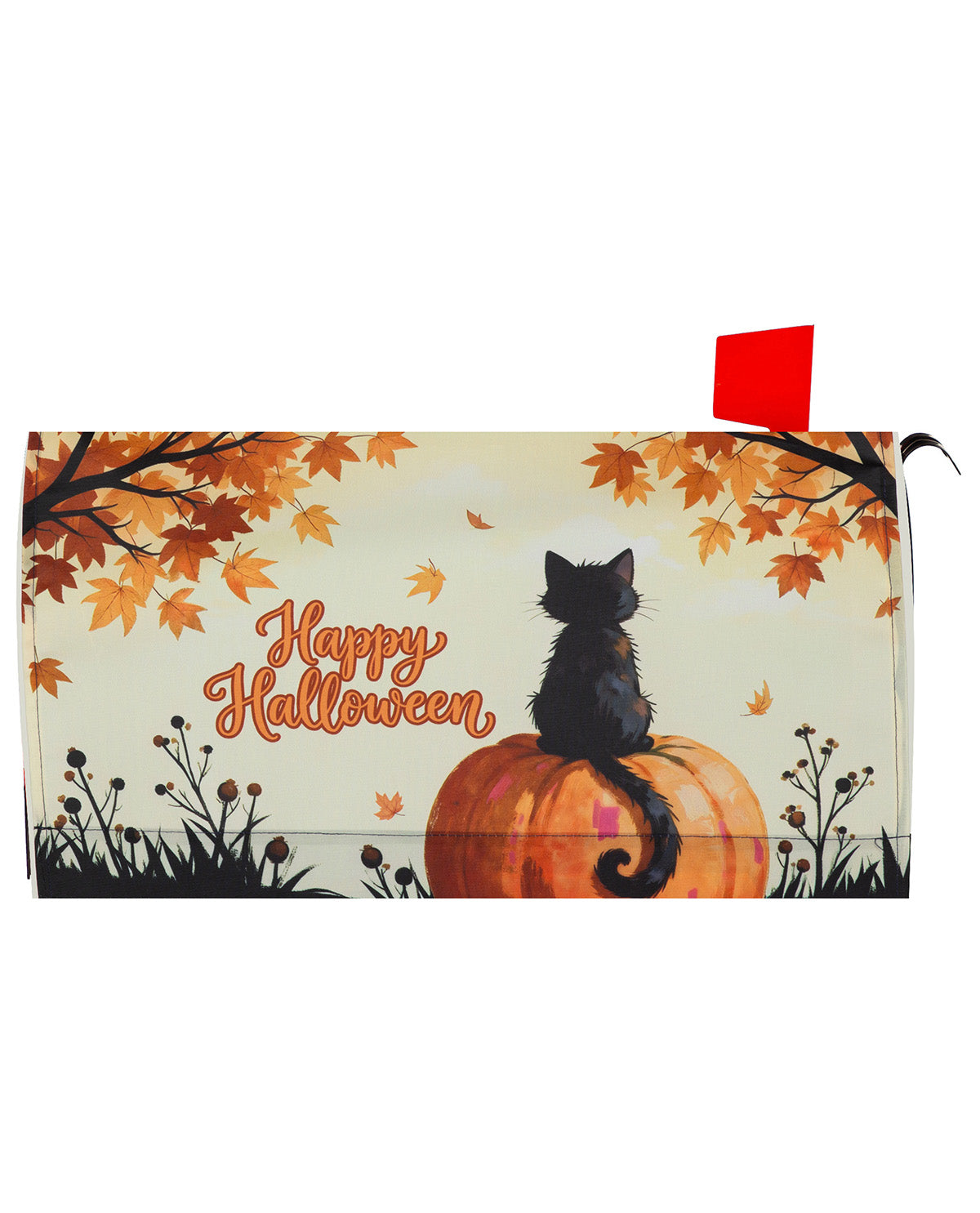 A decorative mailbox cover featuring a black cat sitting on a pumpkin with autumn leaves, the text 'Happy Halloween,' and a red flag, shown on a plain white background.