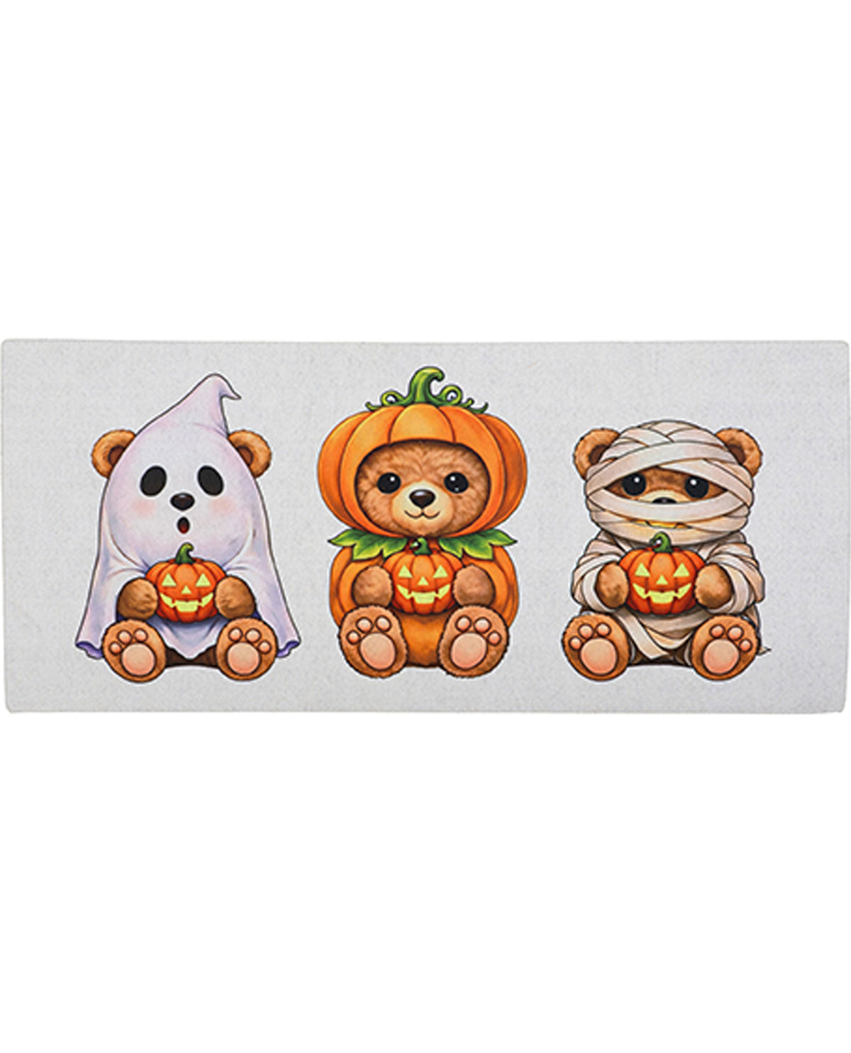 Three cartoon bears dressed as a ghost, pumpkin, and mummy on a white background