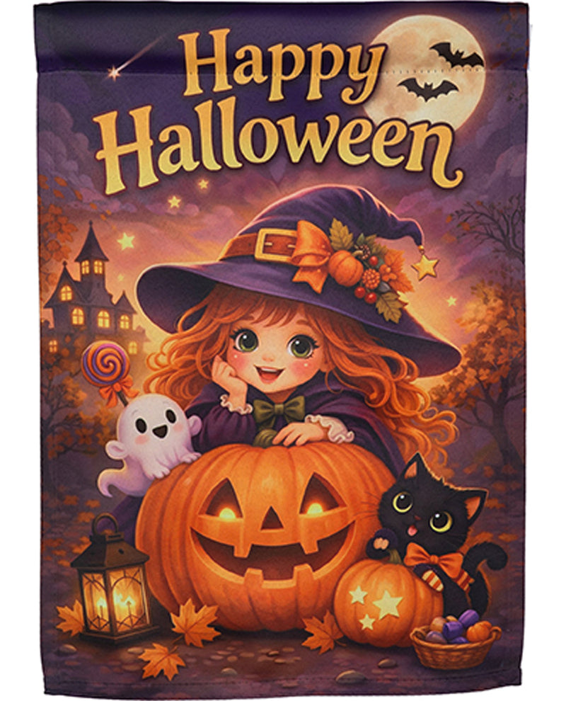 Halloween-themed decorative flag with a witch, pumpkin, ghost, and black cat.