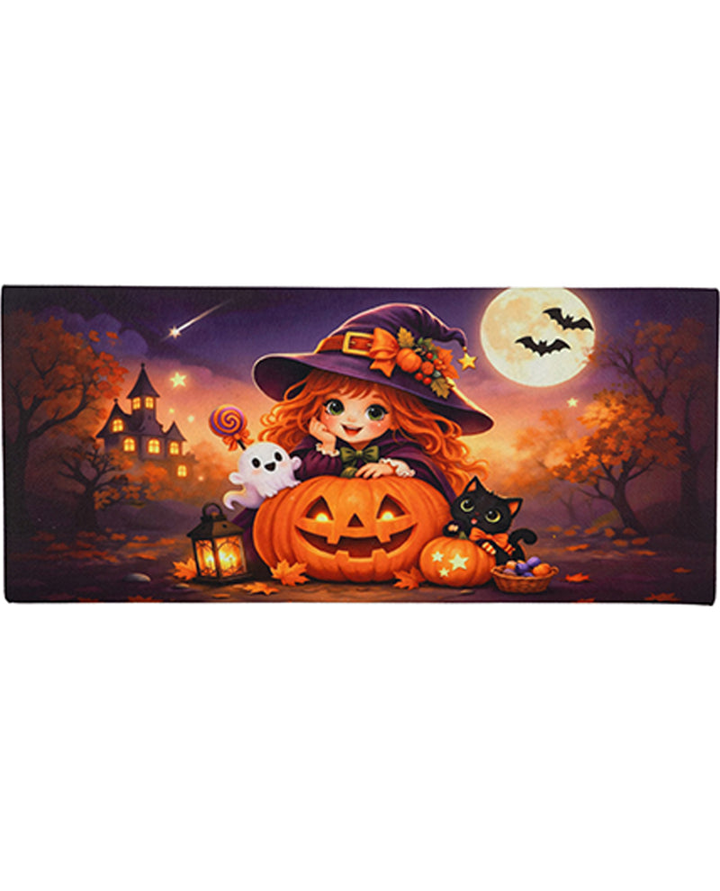 Halloween-themed painting with a girl in a witch hat surrounded by pumpkins, ghosts, and a cat.