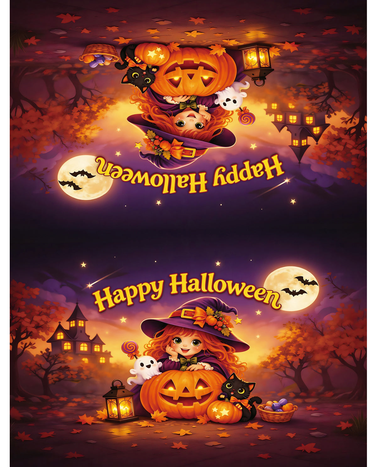 Halloween-themed poster with pumpkins, ghosts, and a witch in a dark purple sky.