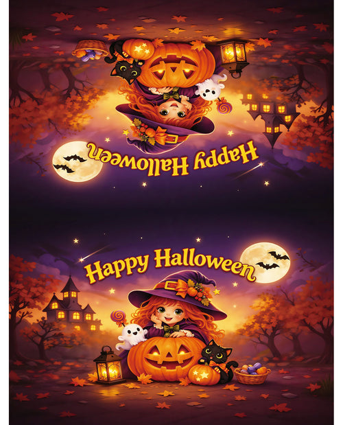 Halloween-themed poster with pumpkins, ghosts, and a witch in a dark purple sky.