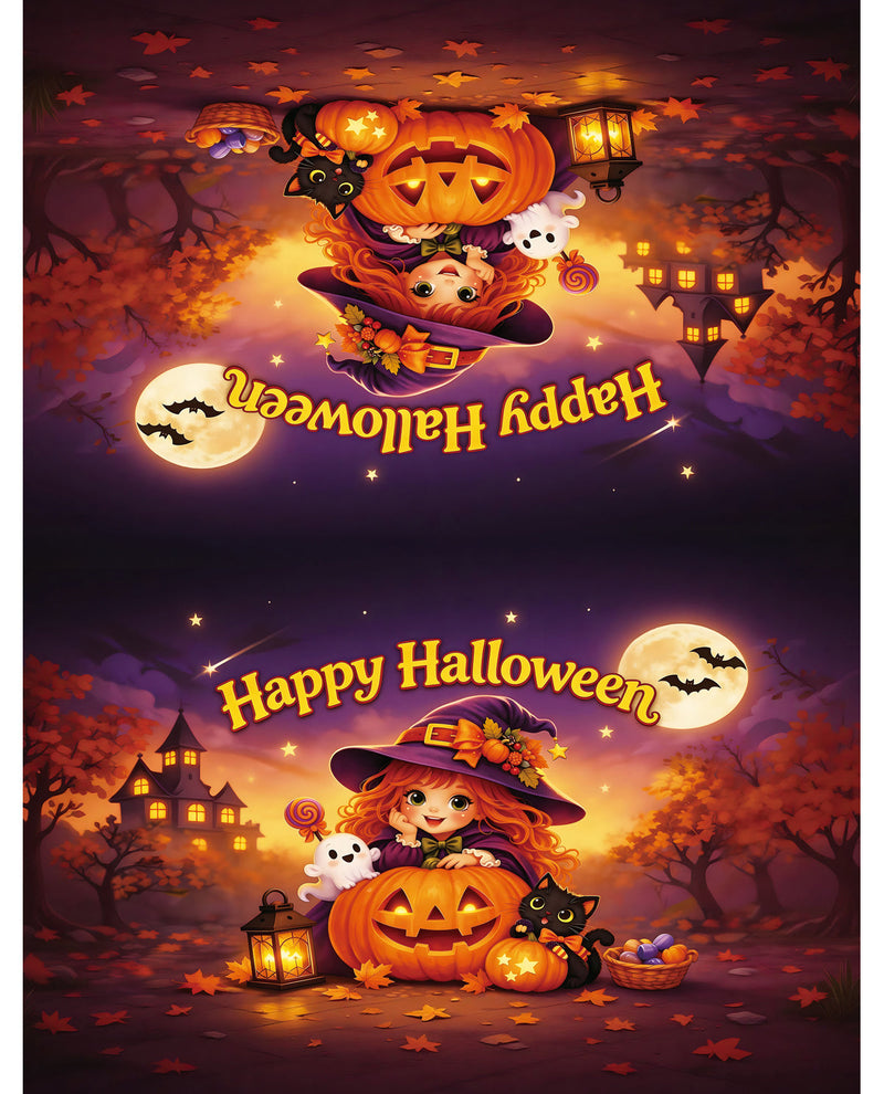 Halloween-themed poster with pumpkins, ghosts, and a witch in a dark purple sky.