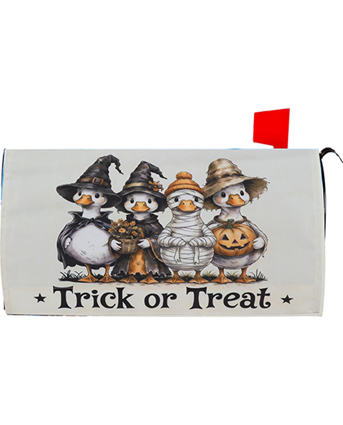 Mailbox cover with Halloween-themed design of ducks in costumes and 'Trick or Treat' text.