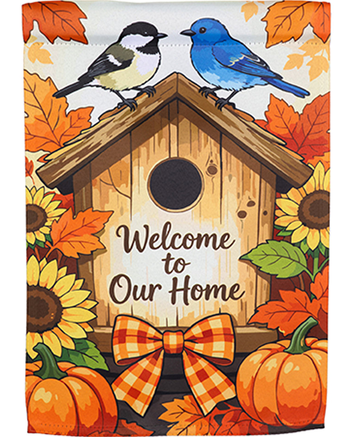 Decorative flag with birds, a birdhouse, pumpkins, and sunflowers on an autumn-themed background.