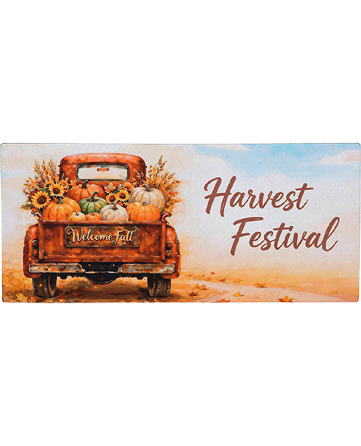 Decorative sign with a truck carrying pumpkins and sunflowers, and 'Harvest Festival' text on a scenic background.