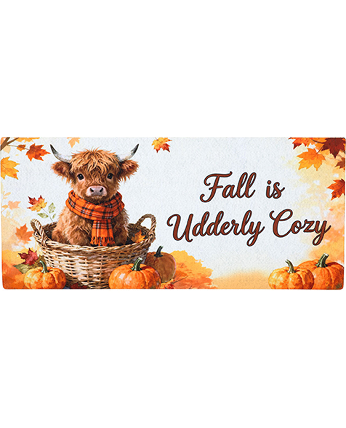 Cute cow in a basket with pumpkins and autumn leaves, text 'Fall is Udderly Cozy' on a white background.