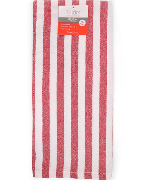 A striped kitchen towel with vertical red and white stripes, featuring a paper brand label at the top, shown against a plain white background.