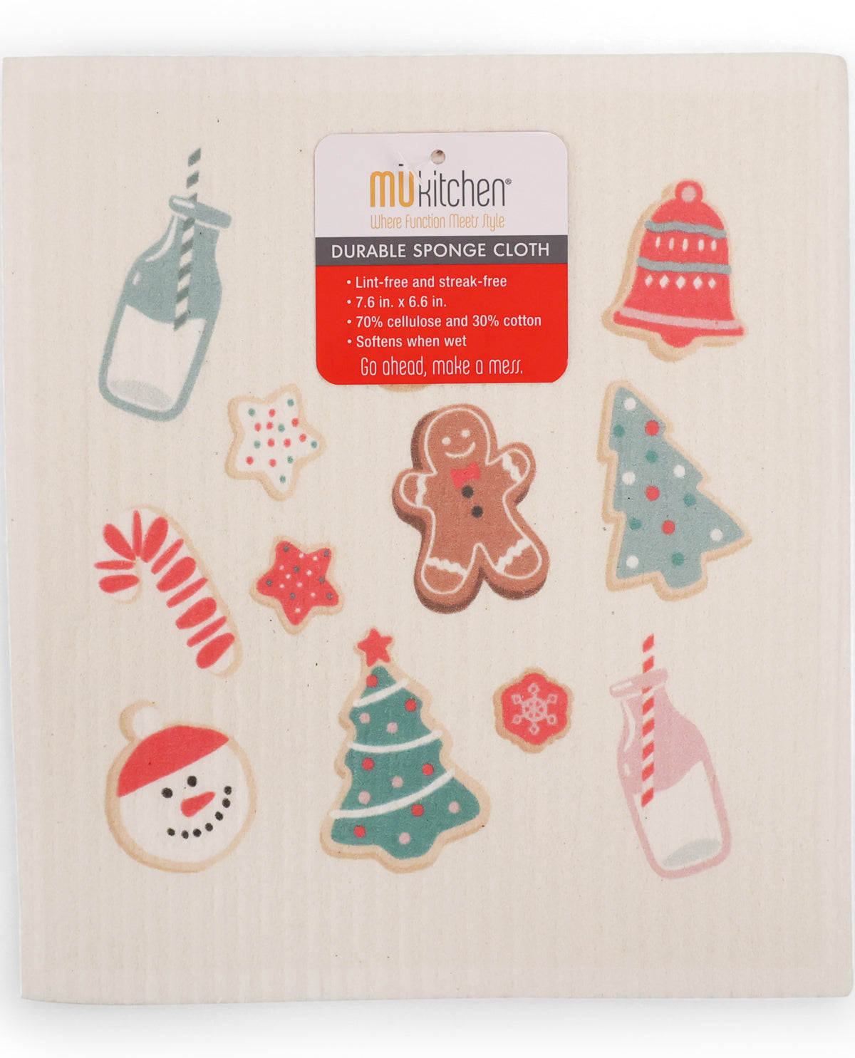 A square wooden kitchen sponge cloth by miKitchen featuring a festive Christmas design with illustrations of a gingerbread man, Christmas tree, candy cane, snowman, star, bottle, and bell on a light natural wood background.