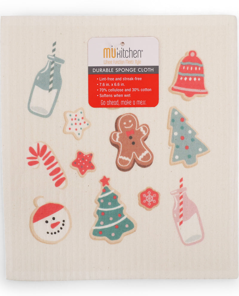 A square wooden kitchen sponge cloth by miKitchen featuring a festive Christmas design with illustrations of a gingerbread man, Christmas tree, candy cane, snowman, star, bottle, and bell on a light natural wood background.