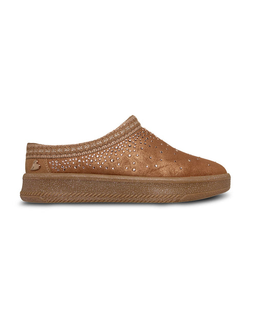 Brown slip-on shoe with rhinestone embellishments on a white background