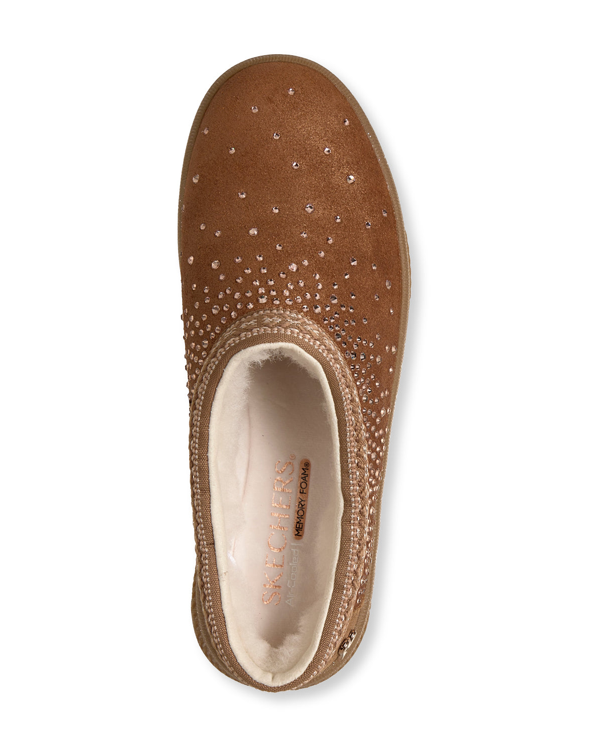 Brown slip-on shoe with rhinestone embellishments on a white background