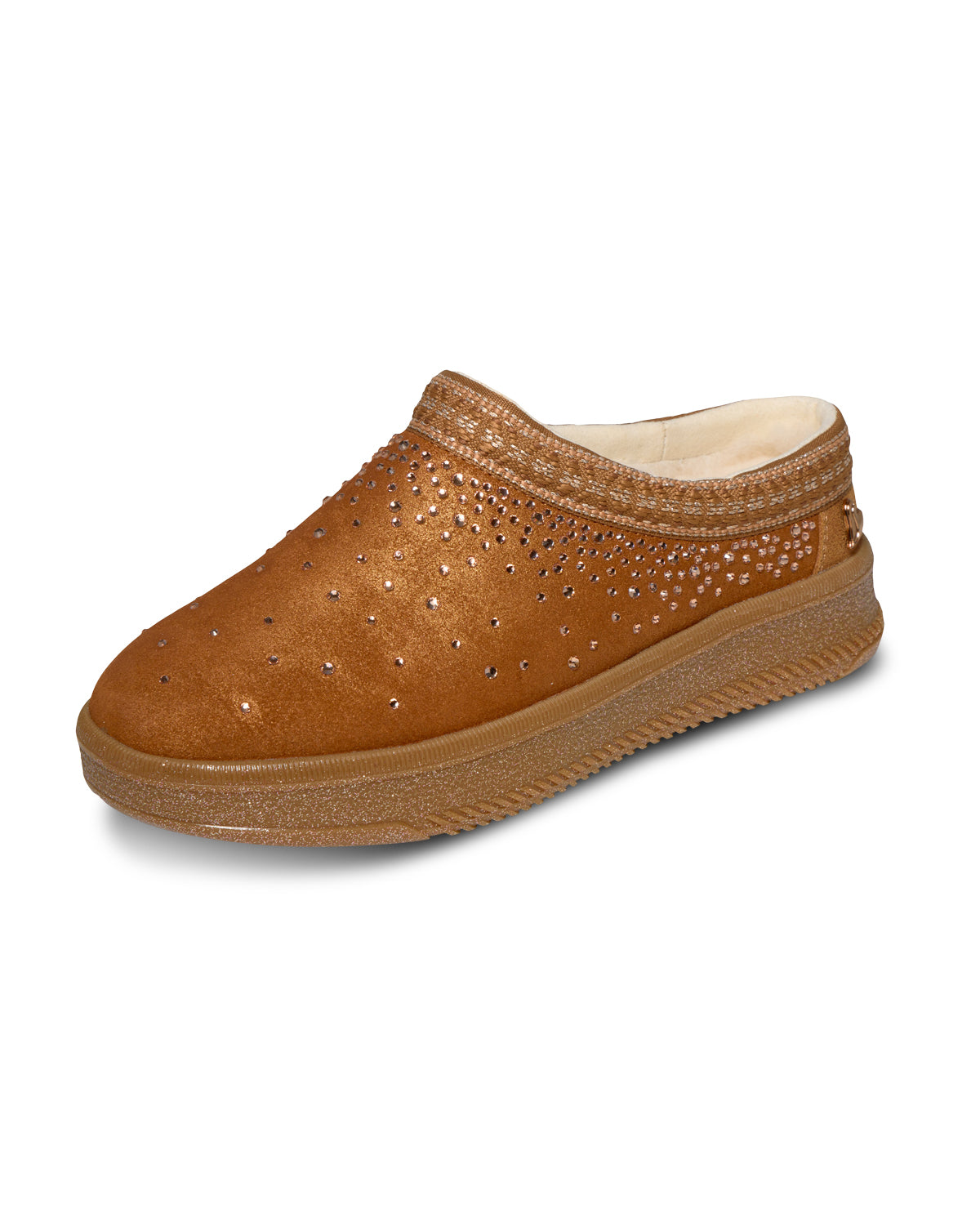 Brown slip-on shoe with rhinestone embellishments on a white background
