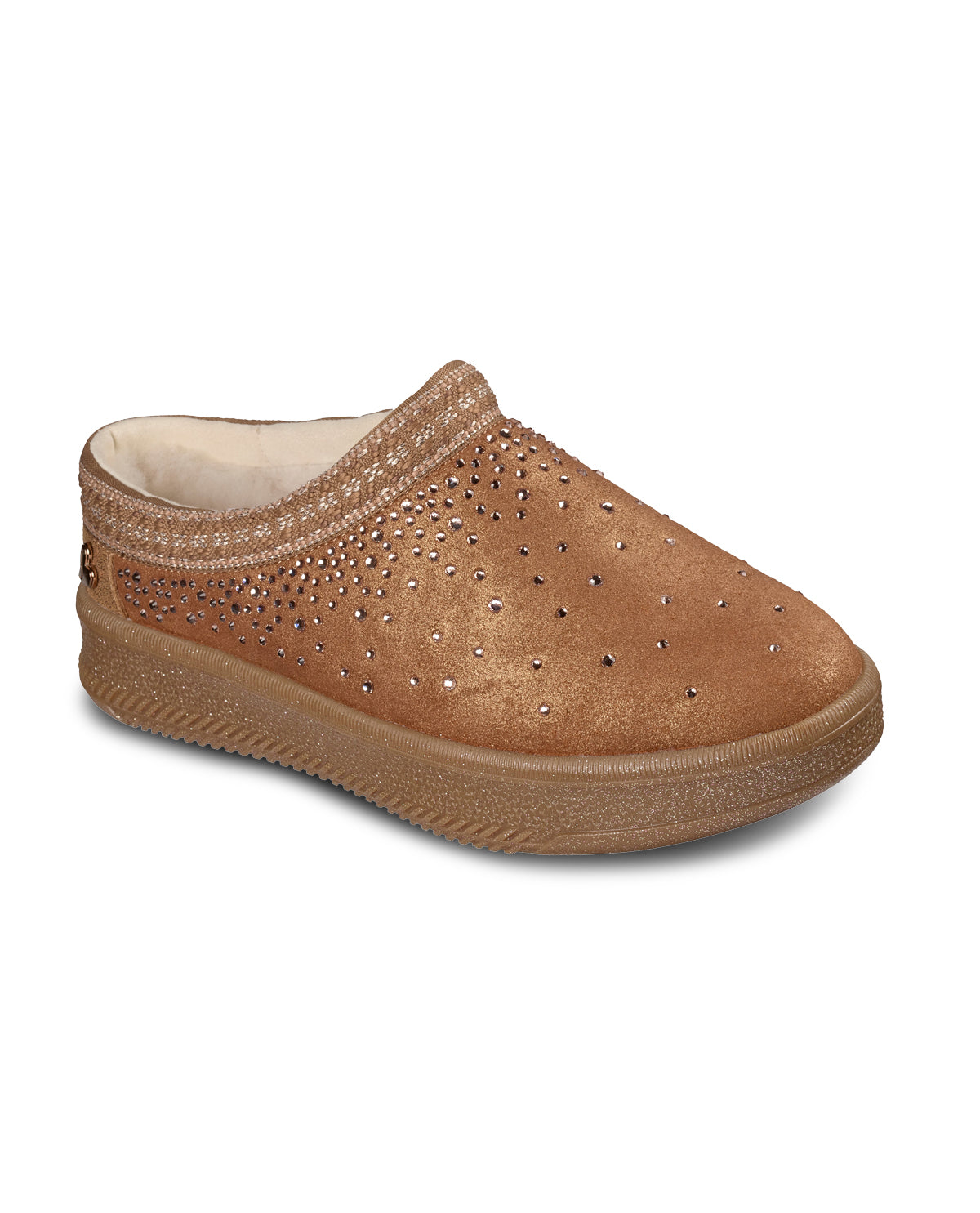 Brown slip-on shoe with rhinestone embellishments on a white background
