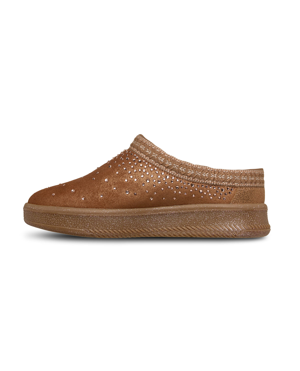 Brown slip-on shoe with embellishments on a white background